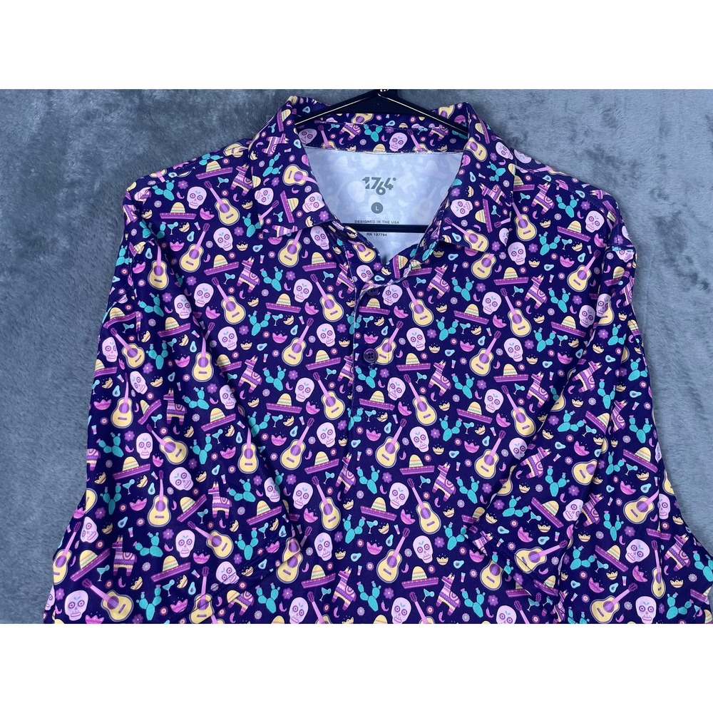 1764 Golf Polo Shirt Mens Large Purple Sugar Skull Guitar Piñata Festive Print